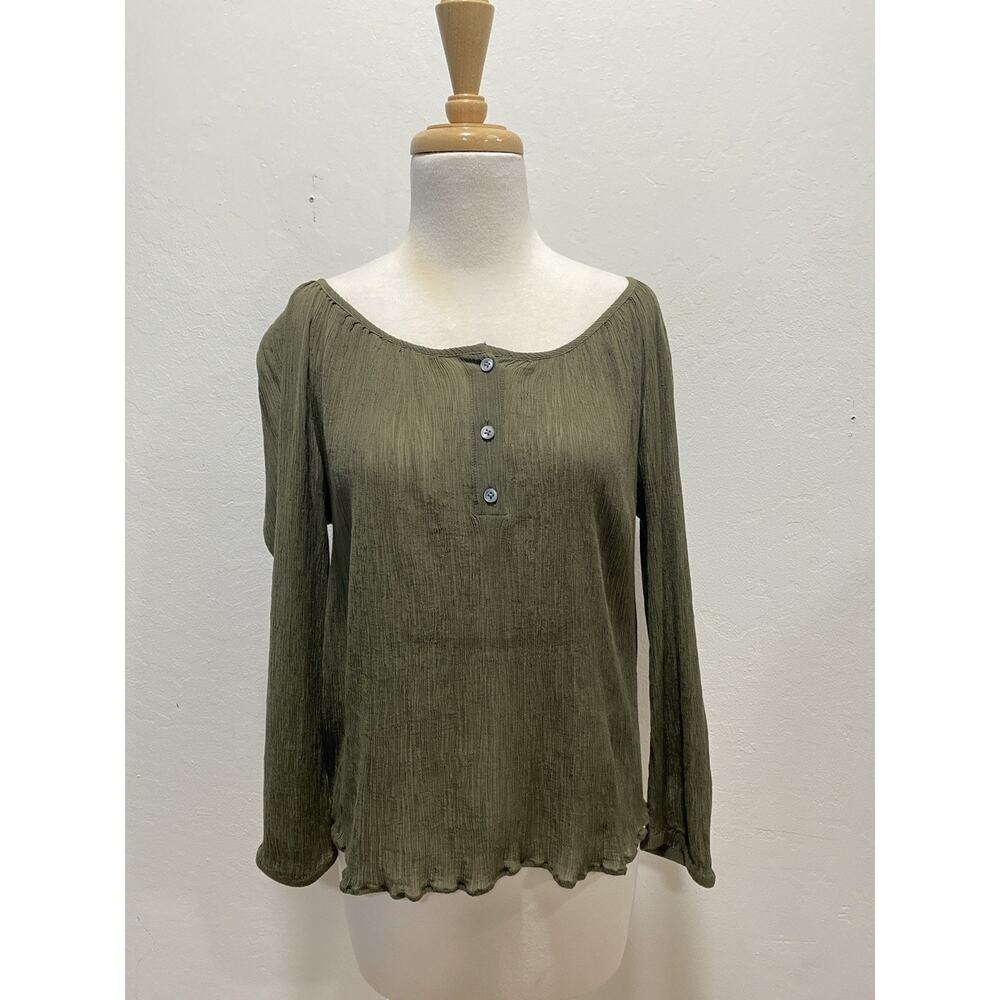 J.Crew Crinkle Peasant Blouse Olive Green Lightweight Boho Coastal Size L